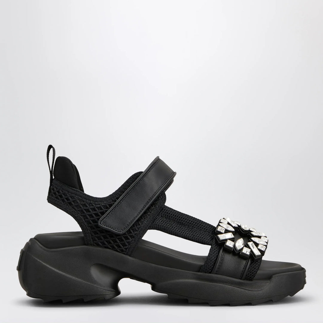 ROGER VIVIER - Viv’ on the Run black leather and textile sandals Brand Apparel & Accessories > Shoes 38 IT
