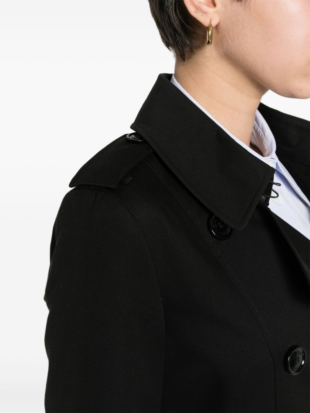 Burberry Coats 4 Burberry Gabardine Coat Burberry black gabardine trench coat with logo-engraved buttons and waist belt. Brand