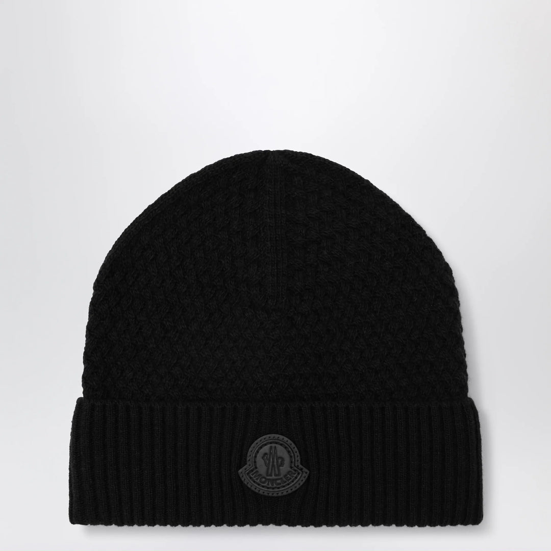 Moncler - Black wool beanie with logo patch Brand Hats U