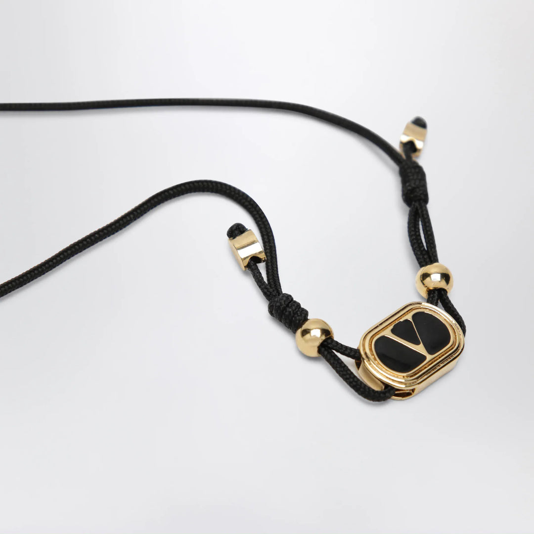 Valentino Garavani - Black cord bracelet with enamelled gold V logo Brand Jewelry U