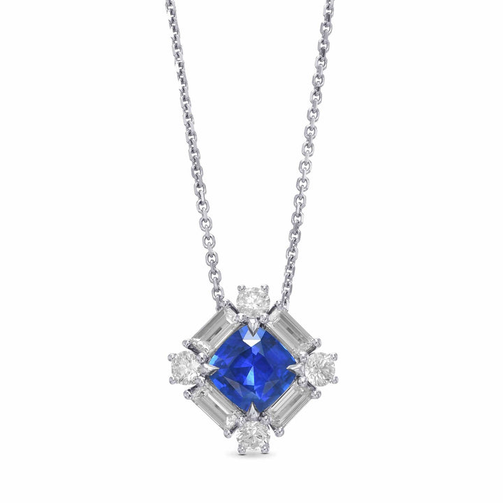 Cushion Blue Sapphire and Baguette Diamond Halo Pendant Brand Necklace