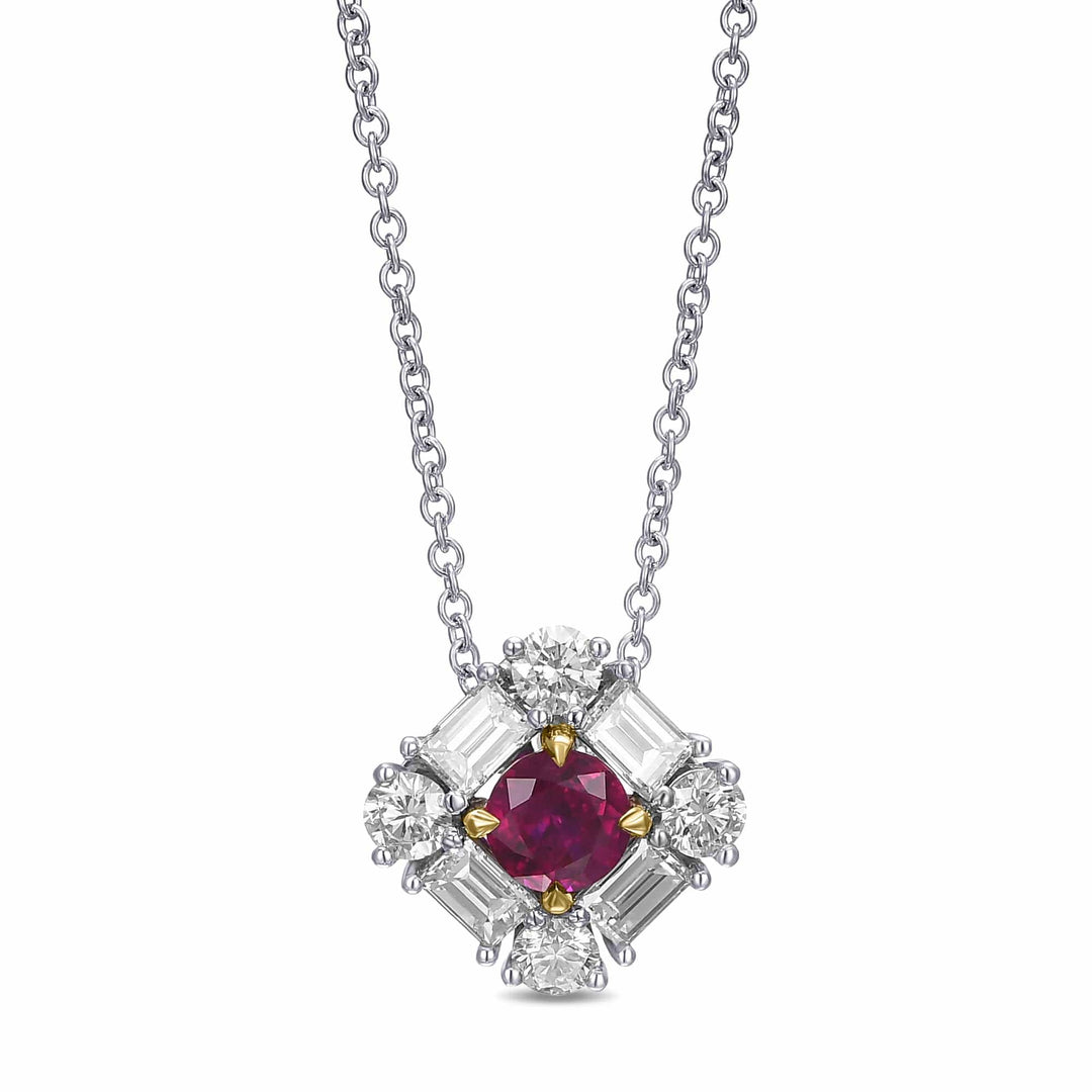 Extraordinary Round Red Ruby and Diamond Halo Pendant Brand Necklace