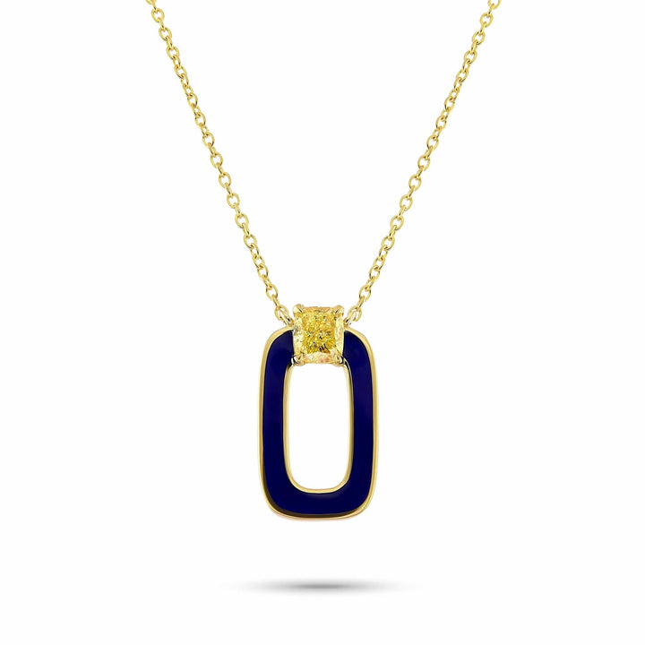 Fancy yellow cushion diamond and blue enamel pendant Brand Necklace