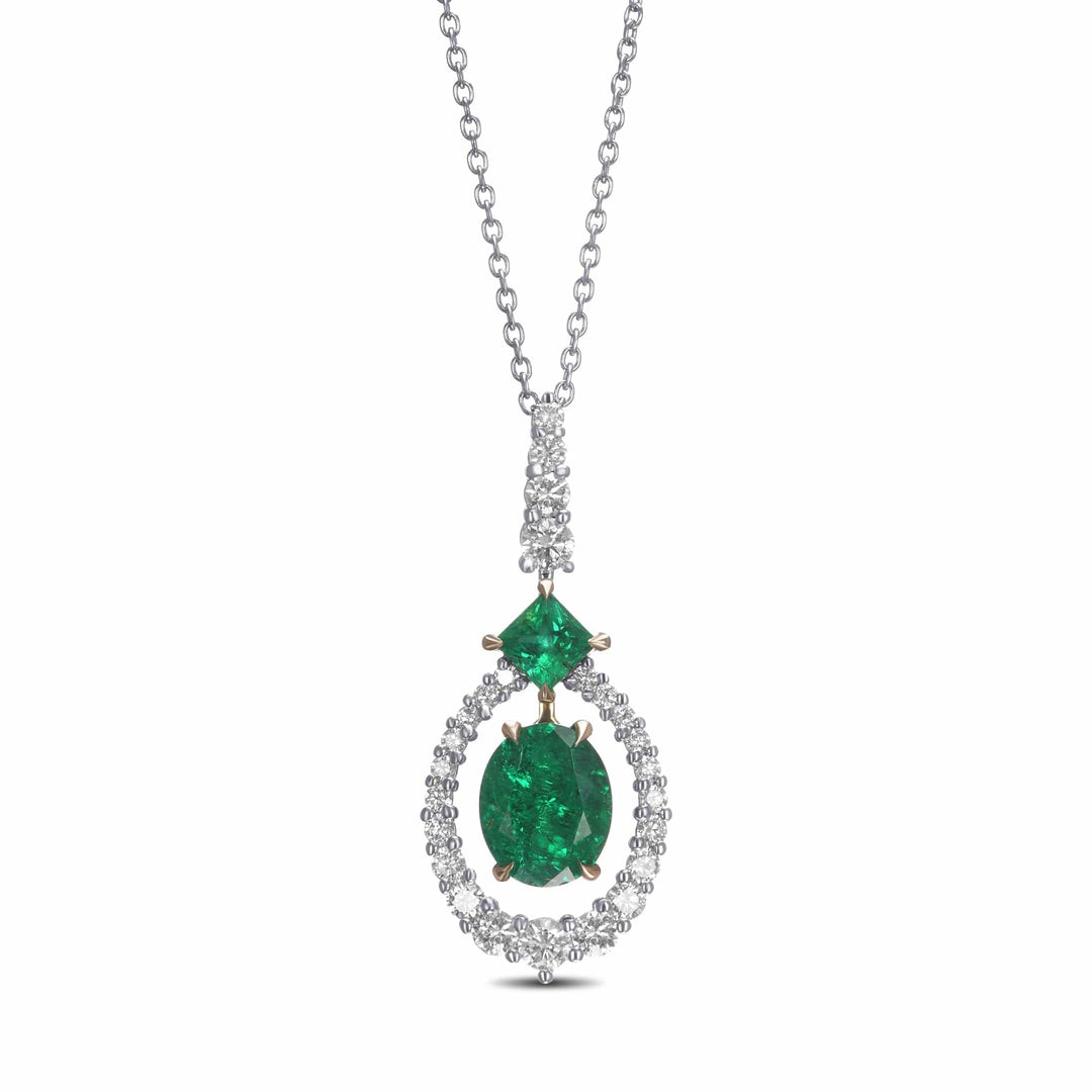 Oval Muzo Emerald and Diamond Halo Pendant Brand Necklace