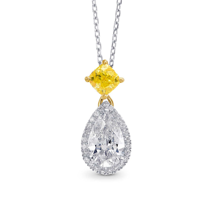 White Pear and Fancy Intense Yellow Diamond Halo Pendant Brand Necklace
