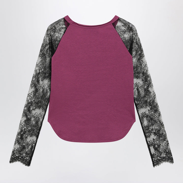 Valentino - Cyclamen Panther 60 T-shirt with black lace sleeves Brand Shirts &amp; Tops