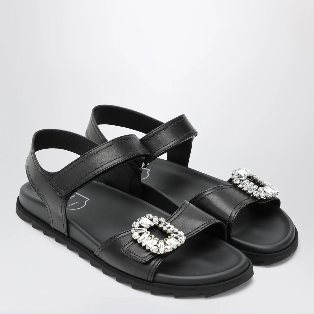 ROGER VIVIER - Black leather sandals with crystal buckle Brand Shoes