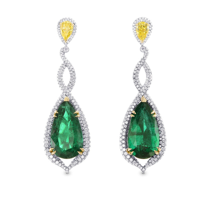 Leibish Green Zambian Emerald &amp; Canary Yellow Diamond Drop Earrings