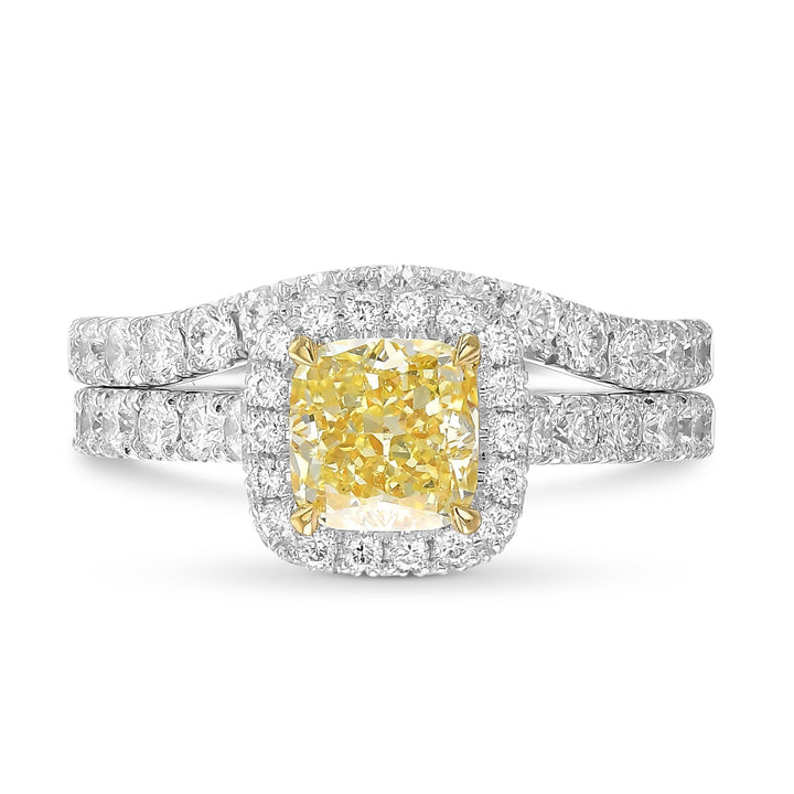 Leibish Fancy Light Yellow Cushion Halo Diamond Ring Set