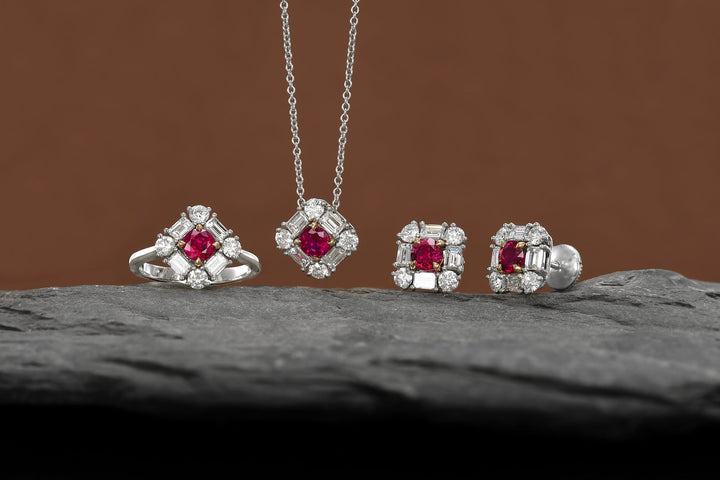 Leibish Extraordinary Round Red Ruby and Diamond Halo Stud Earrings