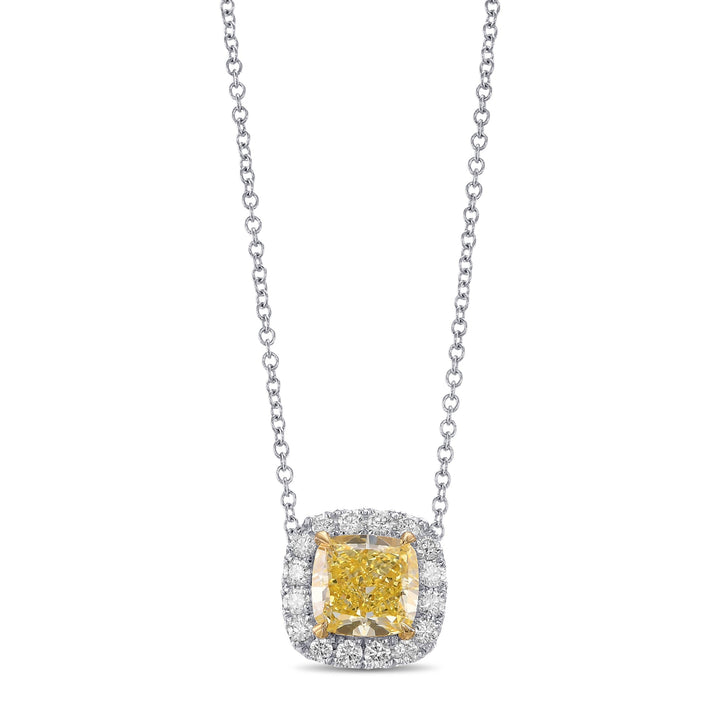 Leibish Fancy Intense Yellow Cushion Diamond Halo Pendant