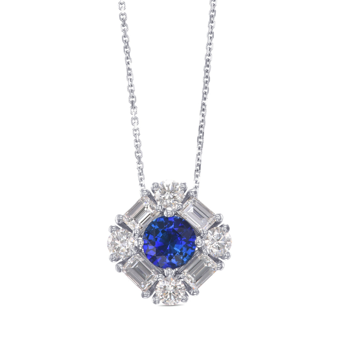 Leibish Round Blue Sapphire and  Baguette Diamond Halo Pendant