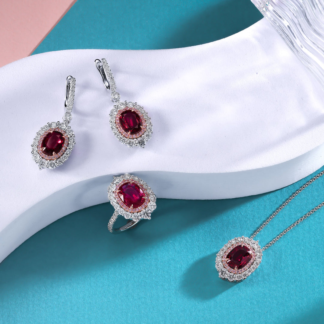 Leibish Oval Pigeon Blood Ruby and Diamond Double Halo Pendant