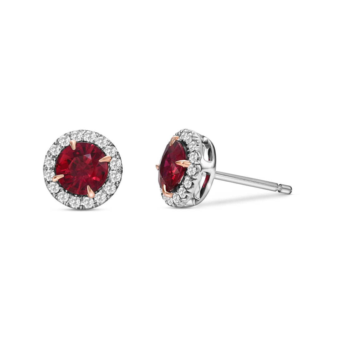 Leibish Round Red Ruby and Diamond Halo Earrings