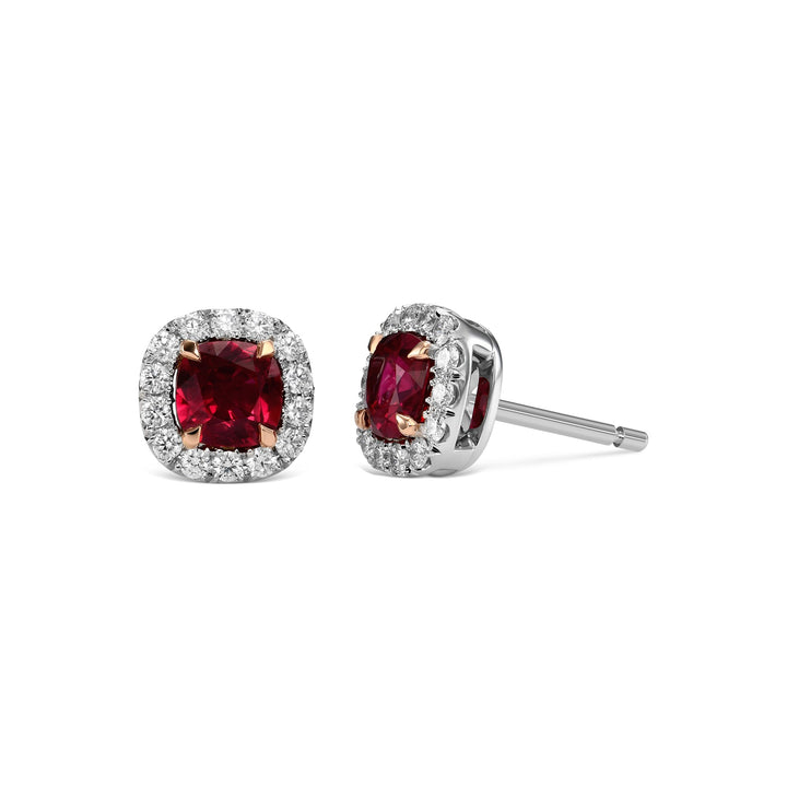 Leibish Cushion Ruby and Diamond Halo Earrings
