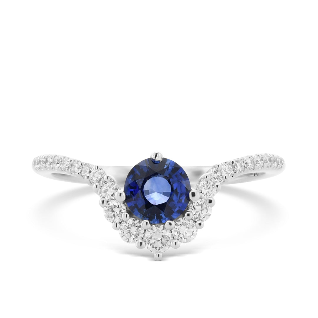 Blue Round Sapphire &amp; Diamond Halo Ring
