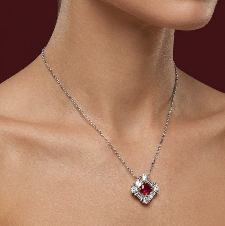 Leibish Extraordinary Round Red Ruby and Diamond Halo Pendant