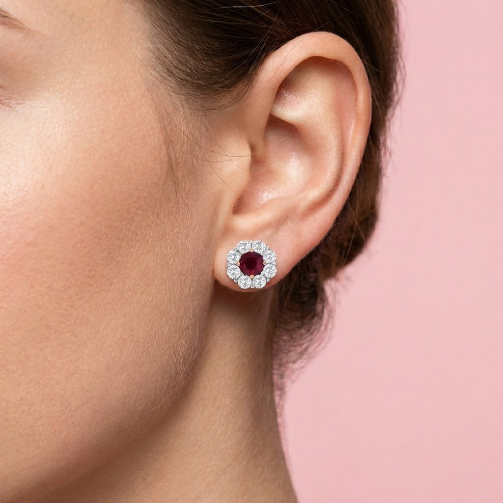 Leibish Mozambique Pigeon Blood Ruby &amp; Diamond Floral Halo Earrings