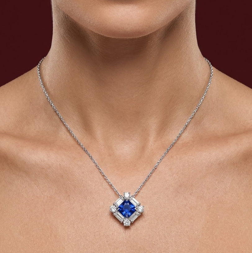 Leibish Cushion Blue Sapphire and Baguette Diamond Halo Pendant