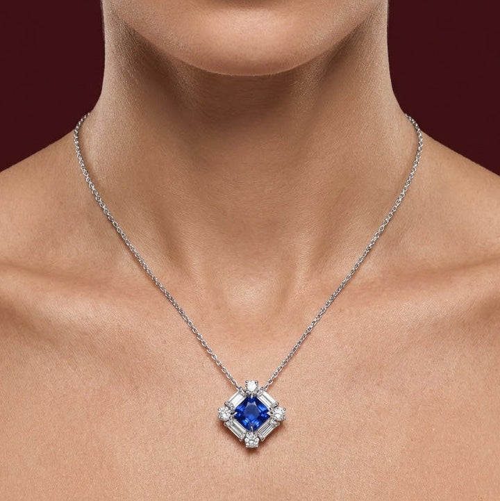 Leibish Cushion Blue Sapphire and Baguette Diamond Halo Pendant
